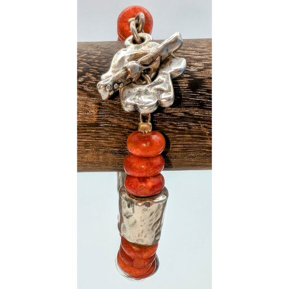 VTG DANON Made in Israel Signed Coral Silver Plated Beaded Toggle Clasp Bracelet - Picture 1 of 6